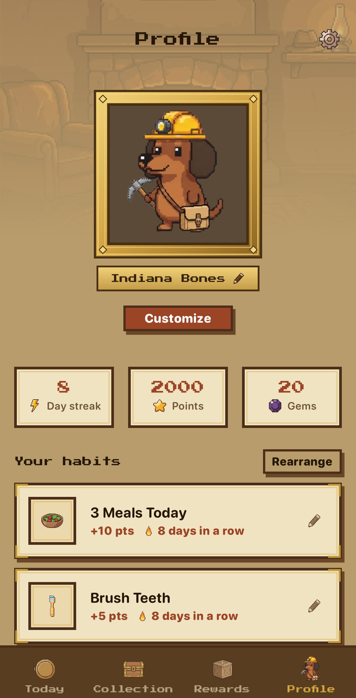 The Profile screen: your adventurer, streak and habits