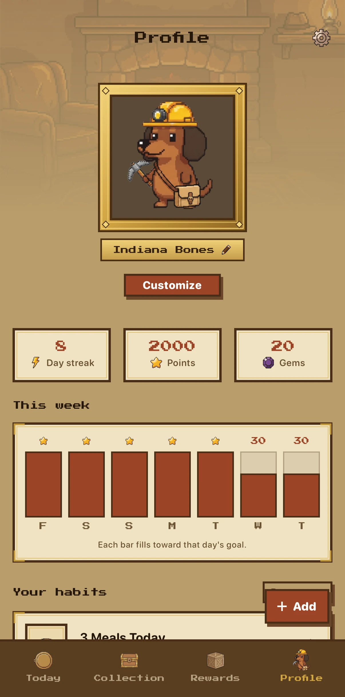 The Profile screen: your adventurer, streak and habits