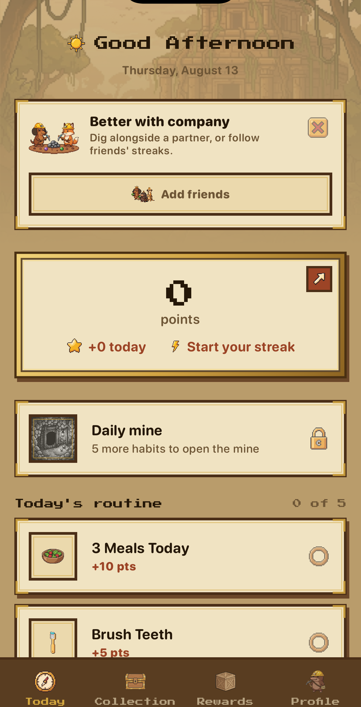 The Today screen: a day's habits as parchment cards