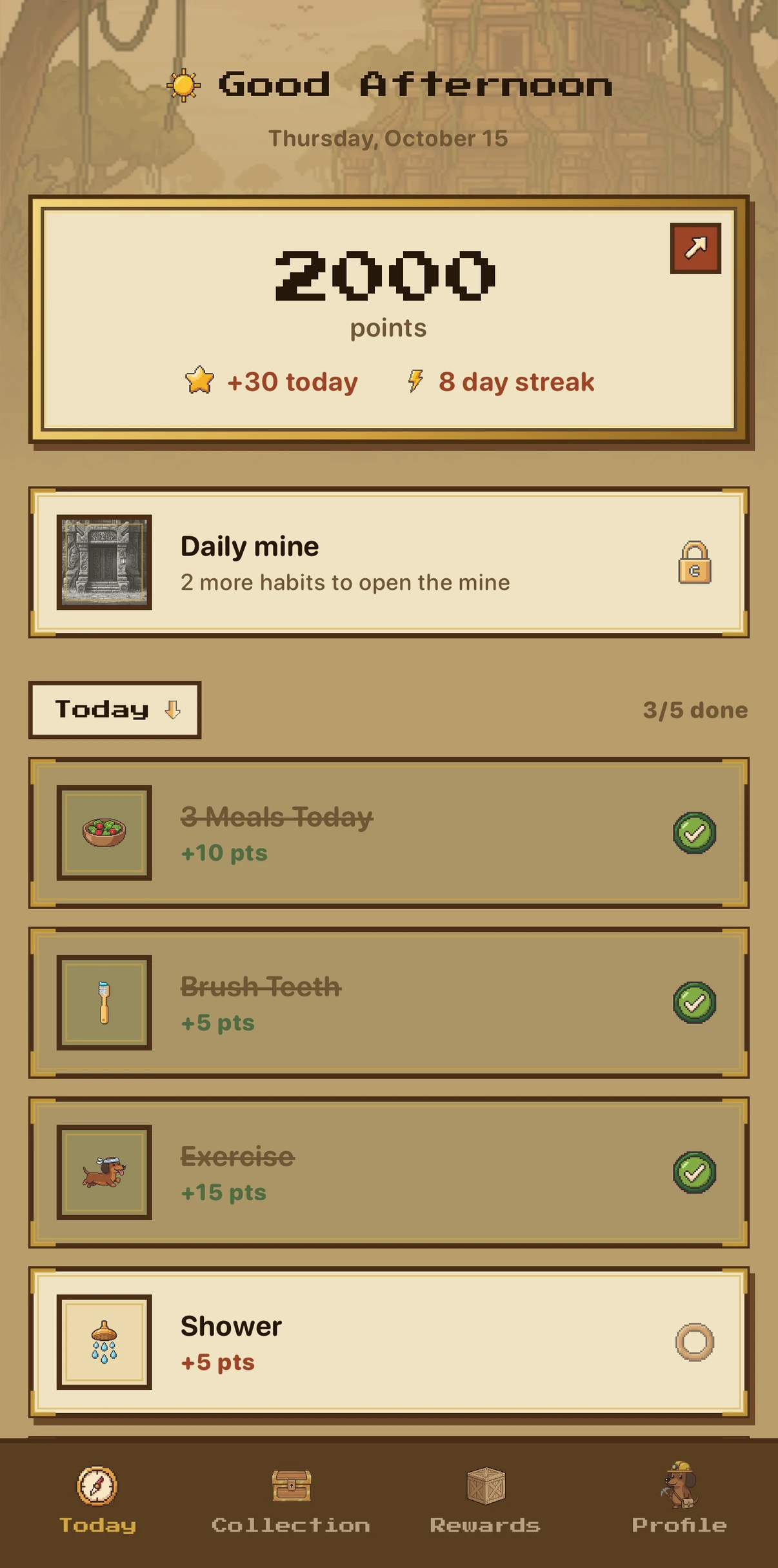 The Today screen: a day's habits as parchment cards